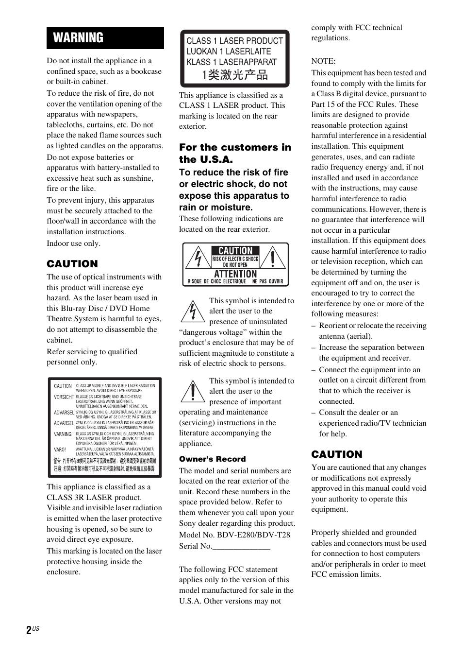 Warning | Sony Blu-Ray Disc/DVD Home theatre System BDV-E280 User Manual | Page 2 / 68