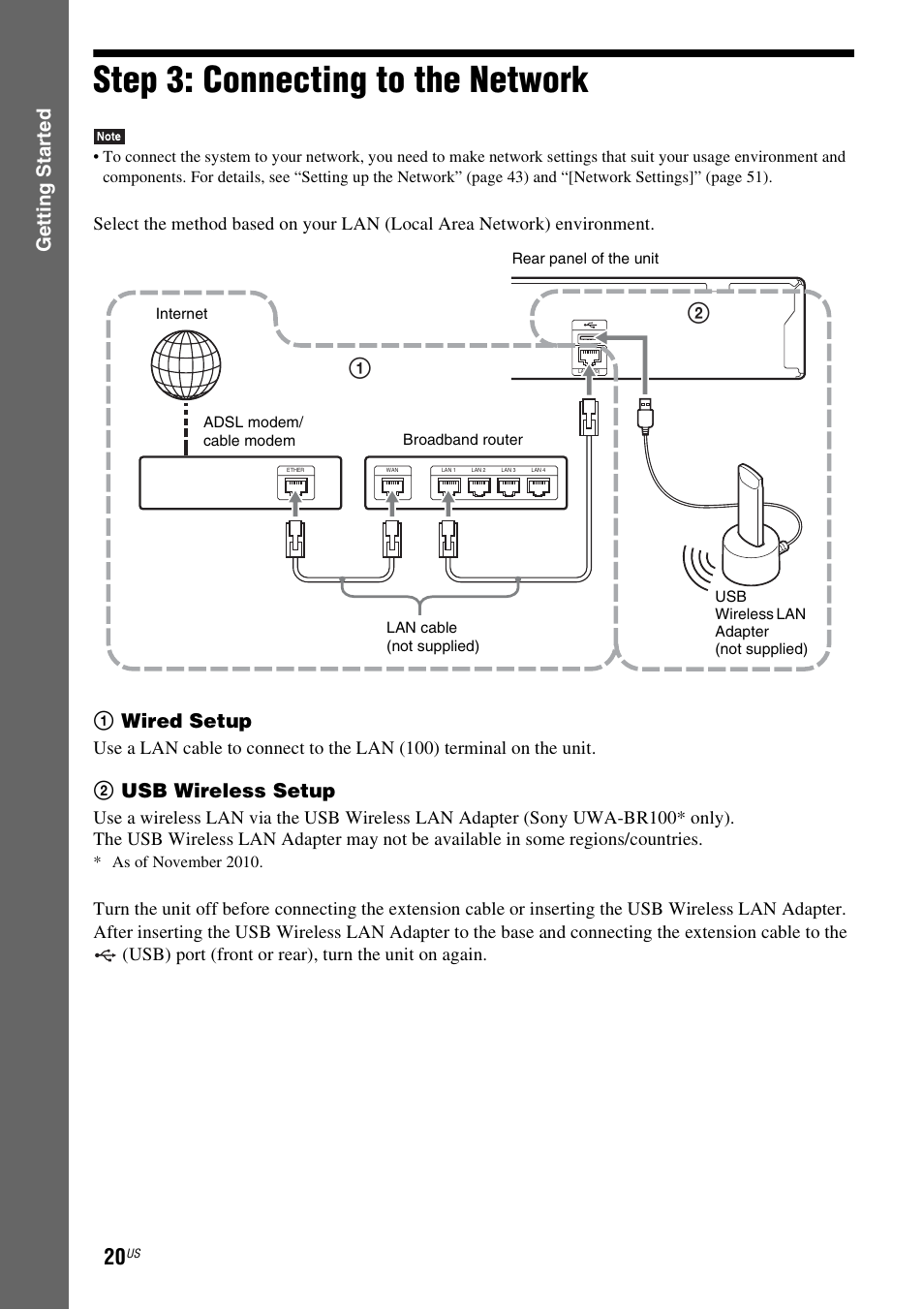 Step 3: connecting to the network, Step 3: connecting to the, Network | E 20), Gettin g star ted, 1wired setup, 2usb wireless setup | Sony Blu-Ray Disc/DVD Home theatre System BDV-E280 User Manual | Page 20 / 68