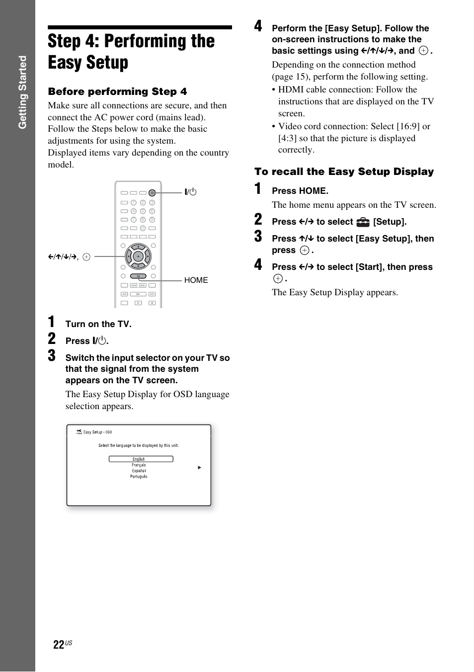 Step 4: performing the easy setup, Step 4: performing the easy, Setup | Es 22, E 22 | Sony Blu-Ray Disc/DVD Home theatre System BDV-E280 User Manual | Page 22 / 68