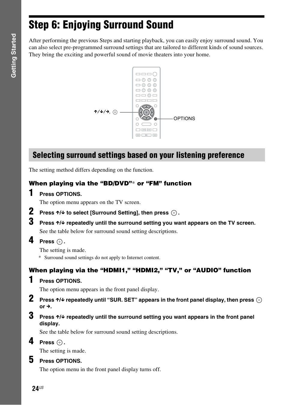 Step 6: enjoying surround sound, Step 6: enjoying surround, Sound | Es 24 | Sony Blu-Ray Disc/DVD Home theatre System BDV-E280 User Manual | Page 24 / 68