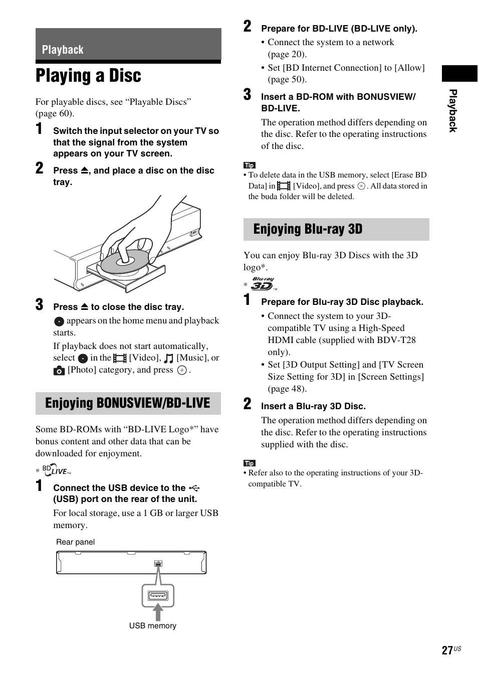 Playback, Playing a disc, Enjoying bonusview/bd-live | Enjoying blu-ray 3d, Es 27 | Sony Blu-Ray Disc/DVD Home theatre System BDV-E280 User Manual | Page 27 / 68