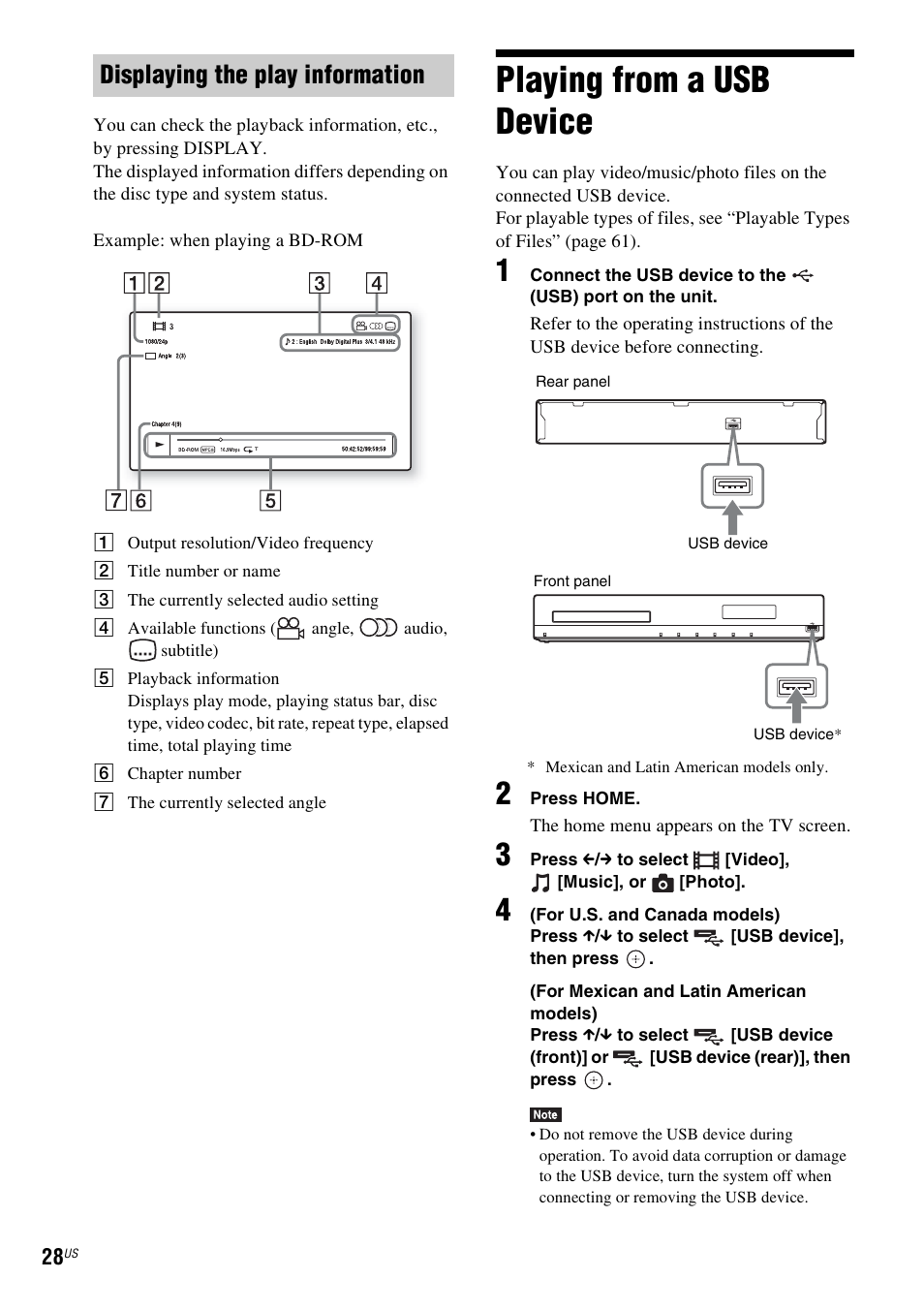 Displaying the play information, Playing from a usb device, E 28) | Sony Blu-Ray Disc/DVD Home theatre System BDV-E280 User Manual | Page 28 / 68