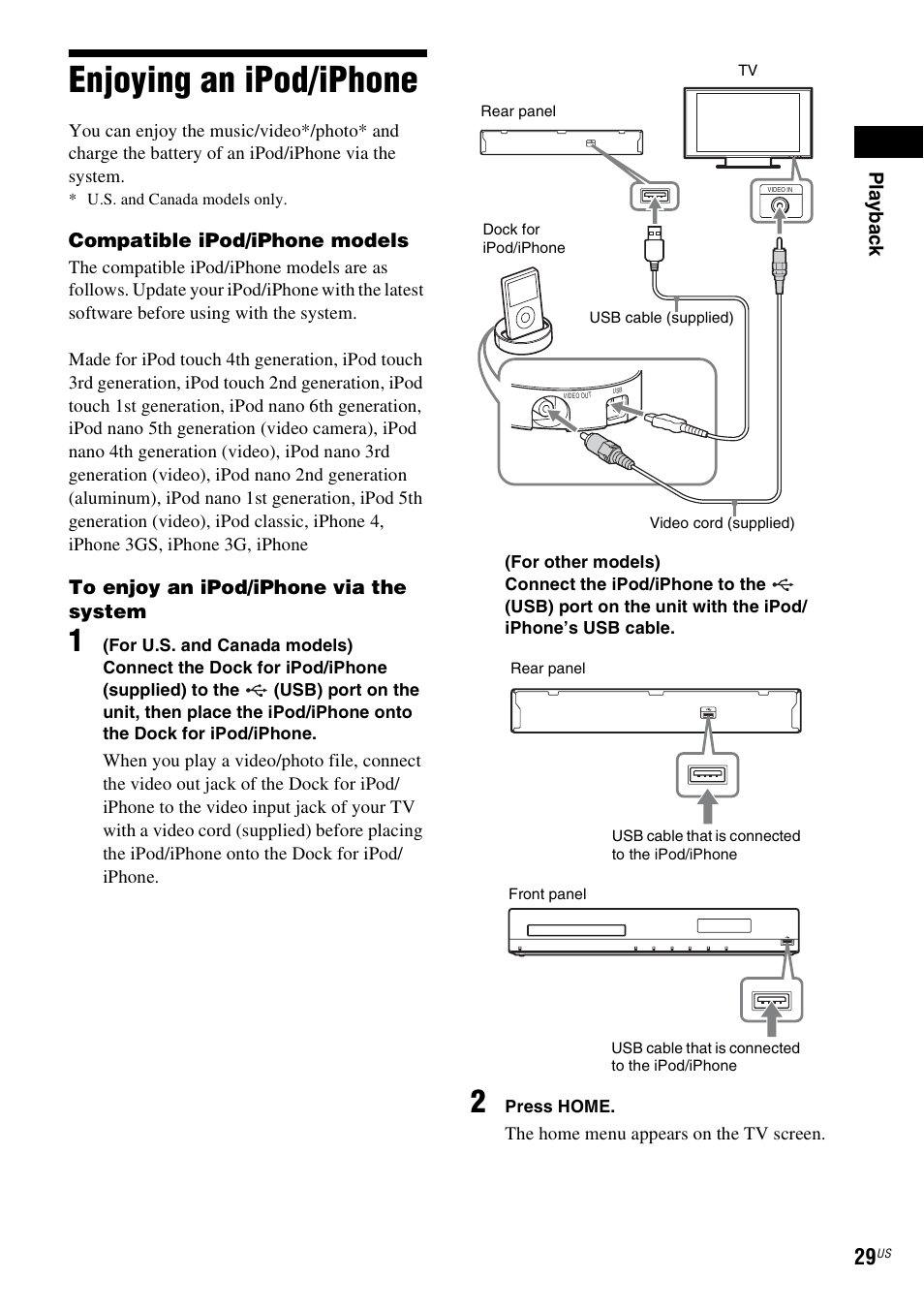 Enjoying an ipod/iphone | Sony Blu-Ray Disc/DVD Home theatre System BDV-E280 User Manual | Page 29 / 68