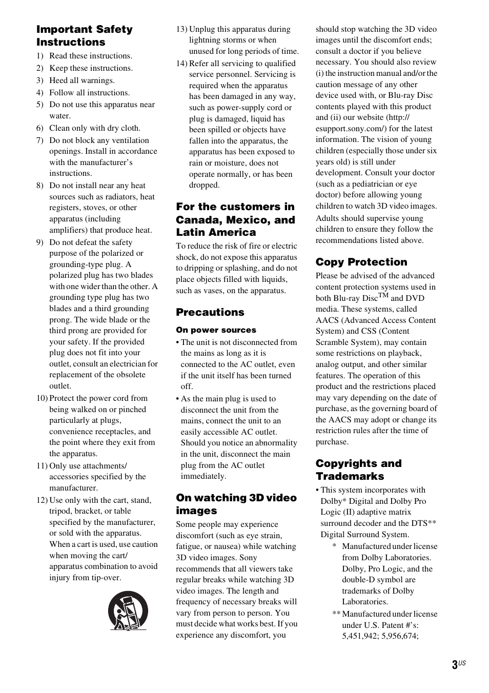 Important safety instructions, Precautions, On watching 3d video images | Copy protection, Copyrights and trademarks | Sony Blu-Ray Disc/DVD Home theatre System BDV-E280 User Manual | Page 3 / 68