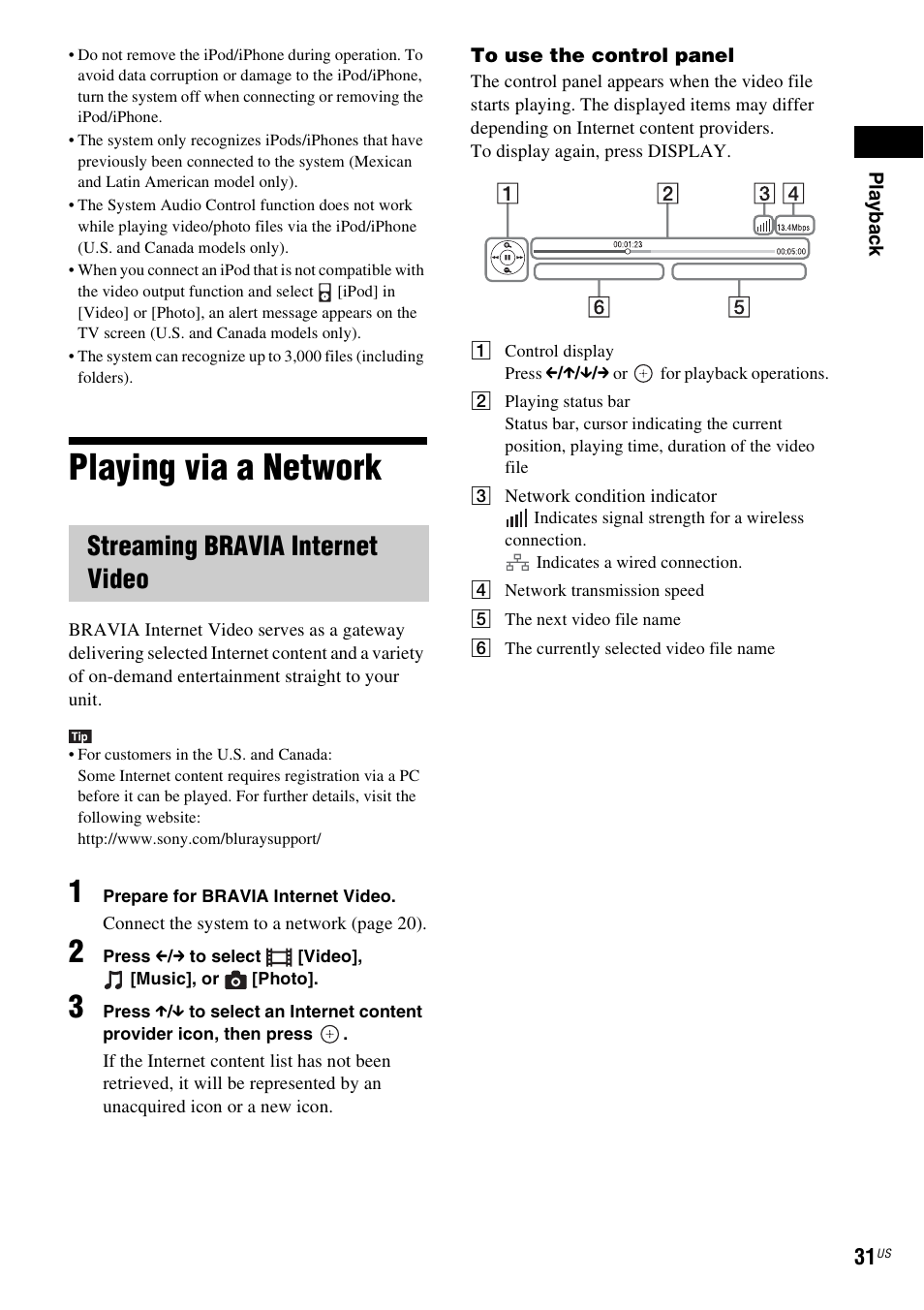 Playing via a network, Streaming bravia internet video | Sony Blu-Ray Disc/DVD Home theatre System BDV-E280 User Manual | Page 31 / 68