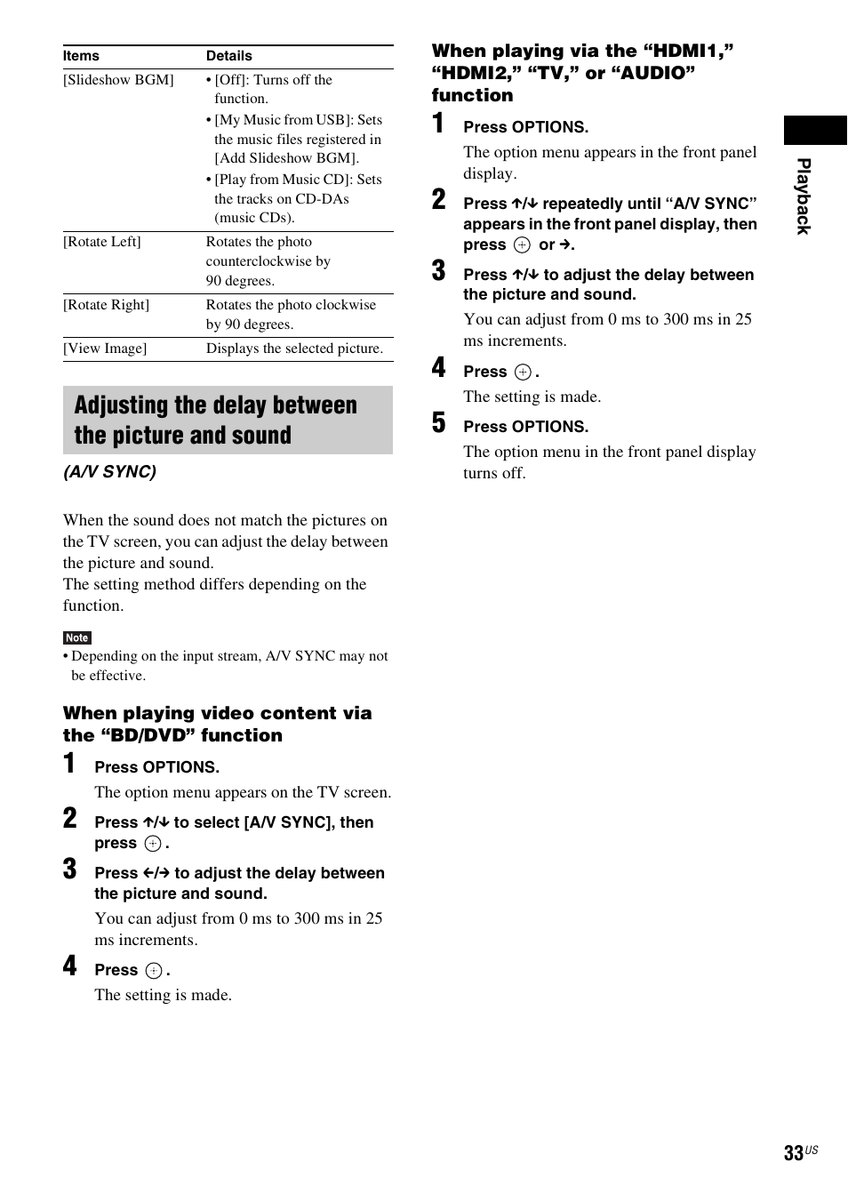 Adjusting the delay between the picture and sound | Sony Blu-Ray Disc/DVD Home theatre System BDV-E280 User Manual | Page 33 / 68