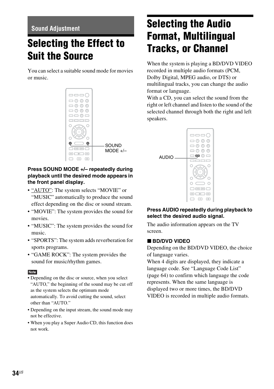 Sound adjustment, Selecting the effect to suit the source, Selecting the effect to suit | The source, Selecting the audio format, multilingual, Tracks, or channel, Es 34, E 34), The audio information appears on the tv screen | Sony Blu-Ray Disc/DVD Home theatre System BDV-E280 User Manual | Page 34 / 68