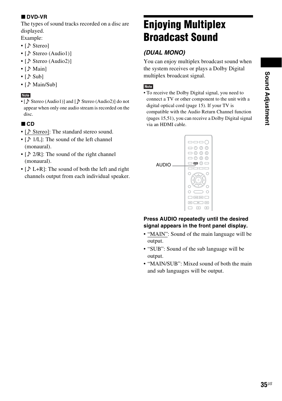 Enjoying multiplex broadcast sound, Enjoying multiplex broadcast, Sound | Sou nd adj u stm e nt, Dual mono) | Sony Blu-Ray Disc/DVD Home theatre System BDV-E280 User Manual | Page 35 / 68