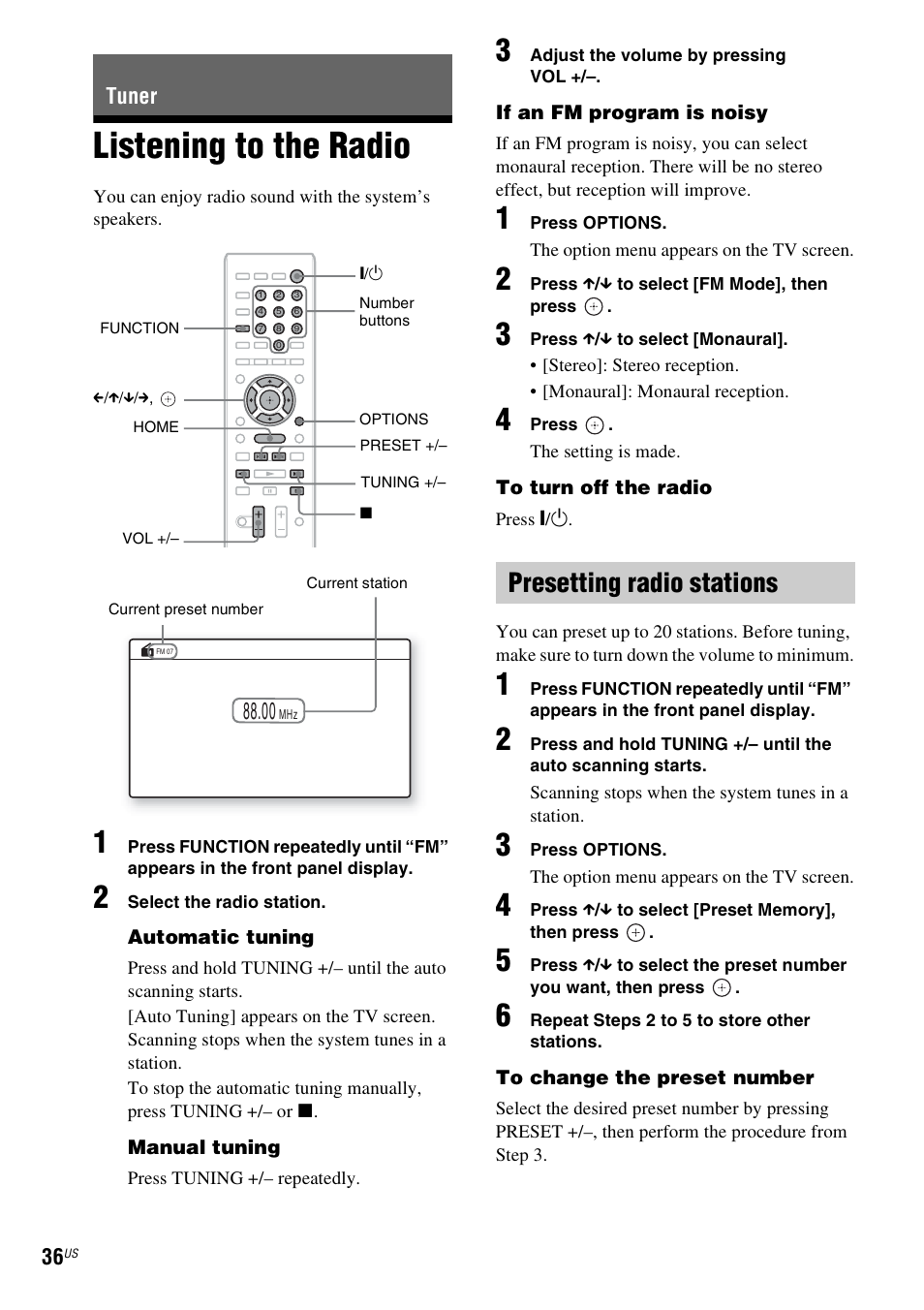 Tuner, Listening to the radio, Presetting radio stations | E 36 | Sony Blu-Ray Disc/DVD Home theatre System BDV-E280 User Manual | Page 36 / 68