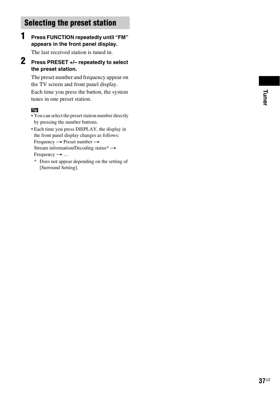 Selecting the preset station, Es 37 | Sony Blu-Ray Disc/DVD Home theatre System BDV-E280 User Manual | Page 37 / 68