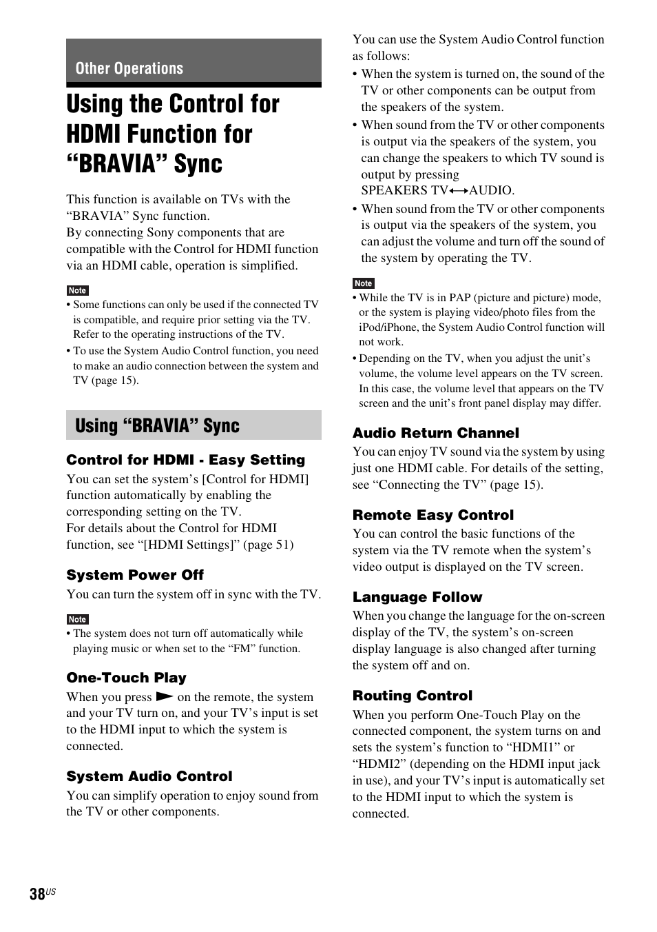 Other operations, Using “bravia” sync, Using the control for hdmi function for | Bravia” sync | Sony Blu-Ray Disc/DVD Home theatre System BDV-E280 User Manual | Page 38 / 68