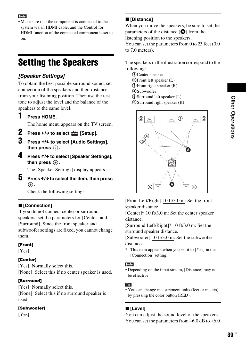 Setting the speakers | Sony Blu-Ray Disc/DVD Home theatre System BDV-E280 User Manual | Page 39 / 68