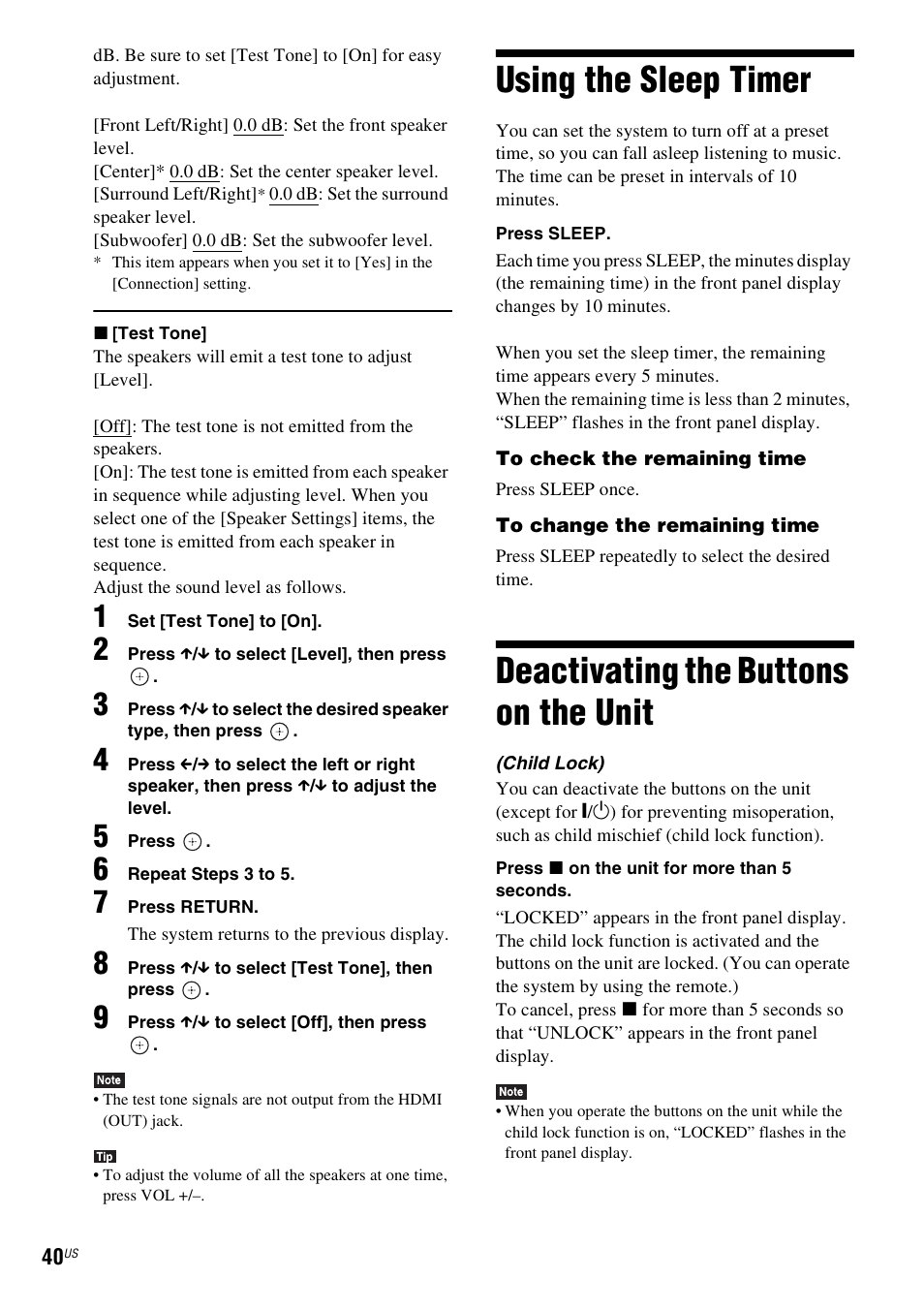 Using the sleep timer, Deactivating the buttons on the unit, Using the sleep timer deactivating the buttons on | The unit, E 40) | Sony Blu-Ray Disc/DVD Home theatre System BDV-E280 User Manual | Page 40 / 68