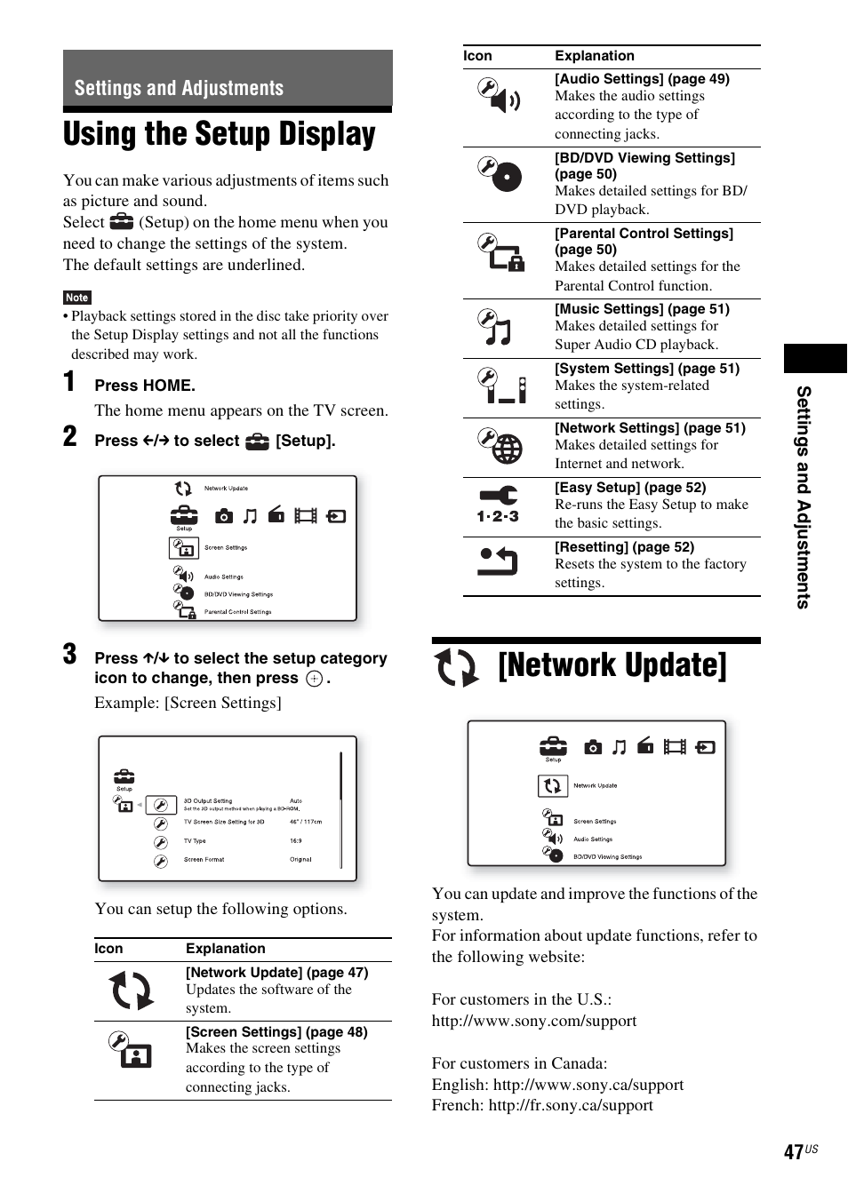 Settings and adjustments, Using the setup display, Network update | Using the setup display [network update | Sony Blu-Ray Disc/DVD Home theatre System BDV-E280 User Manual | Page 47 / 68