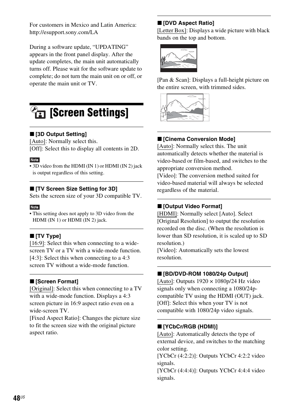 Screen settings | Sony Blu-Ray Disc/DVD Home theatre System BDV-E280 User Manual | Page 48 / 68