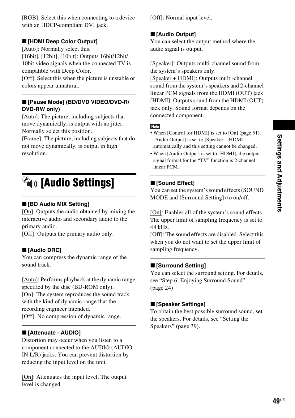 Audio settings | Sony Blu-Ray Disc/DVD Home theatre System BDV-E280 User Manual | Page 49 / 68