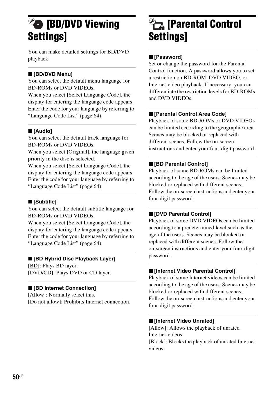 Bd/dvd viewing settings, Parental control settings, E 50) | Sony Blu-Ray Disc/DVD Home theatre System BDV-E280 User Manual | Page 50 / 68