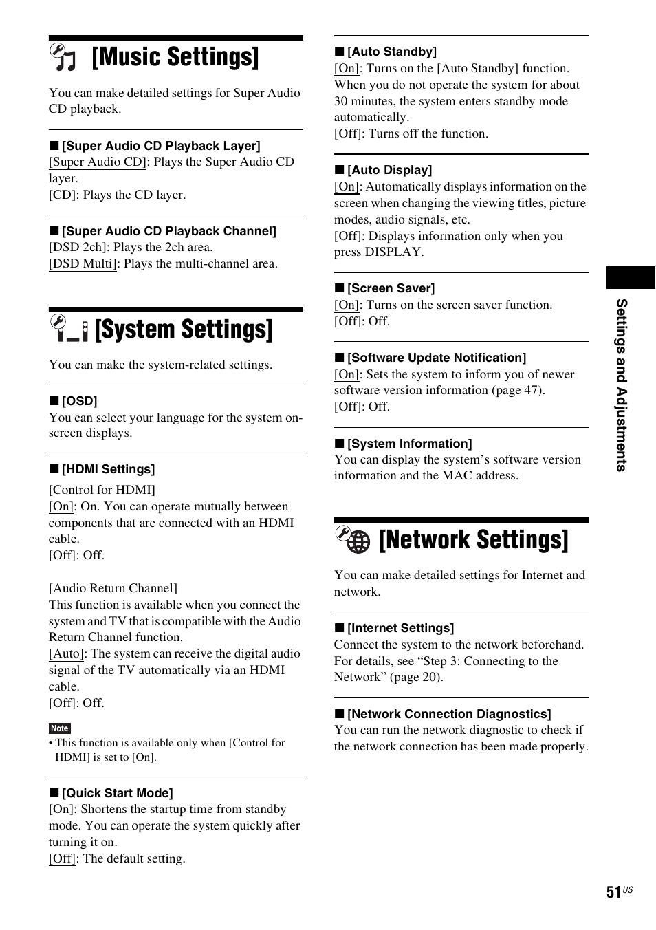 Music settings, System settings, Network settings | Sony Blu-Ray Disc/DVD Home theatre System BDV-E280 User Manual | Page 51 / 68