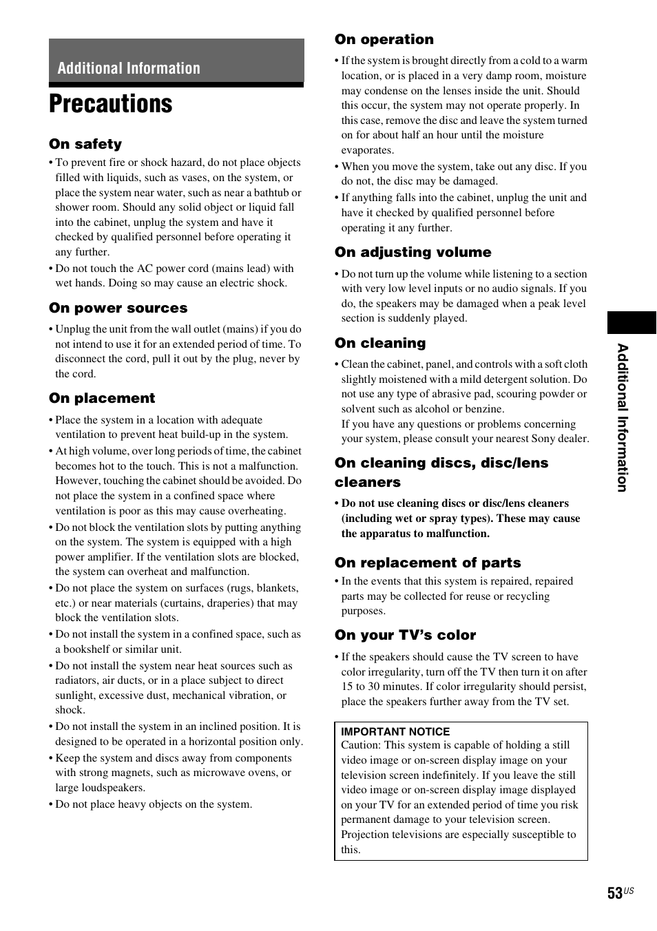 Additional information, Precautions | Sony Blu-Ray Disc/DVD Home theatre System BDV-E280 User Manual | Page 53 / 68