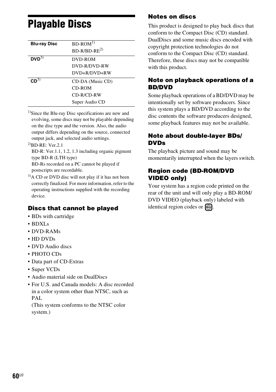 Playable discs | Sony Blu-Ray Disc/DVD Home theatre System BDV-E280 User Manual | Page 60 / 68