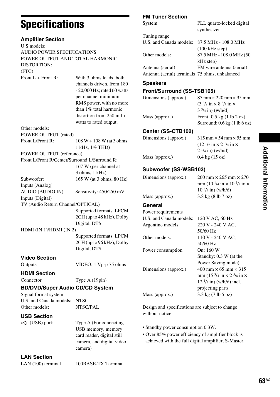 Specifications, Ad dit iona l inf o rma tion | Sony Blu-Ray Disc/DVD Home theatre System BDV-E280 User Manual | Page 63 / 68