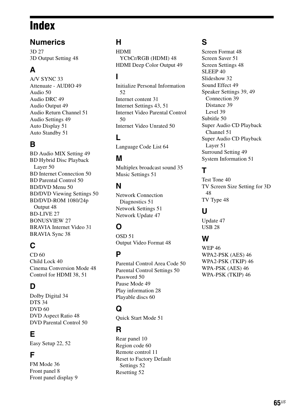 Index, Numerics | Sony Blu-Ray Disc/DVD Home theatre System BDV-E280 User Manual | Page 65 / 68