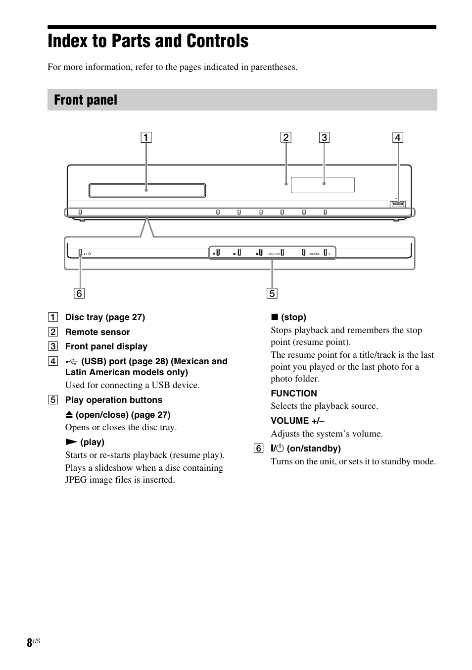 Index to parts and controls, Front panel | Sony Blu-Ray Disc/DVD Home theatre System BDV-E280 User Manual | Page 8 / 68