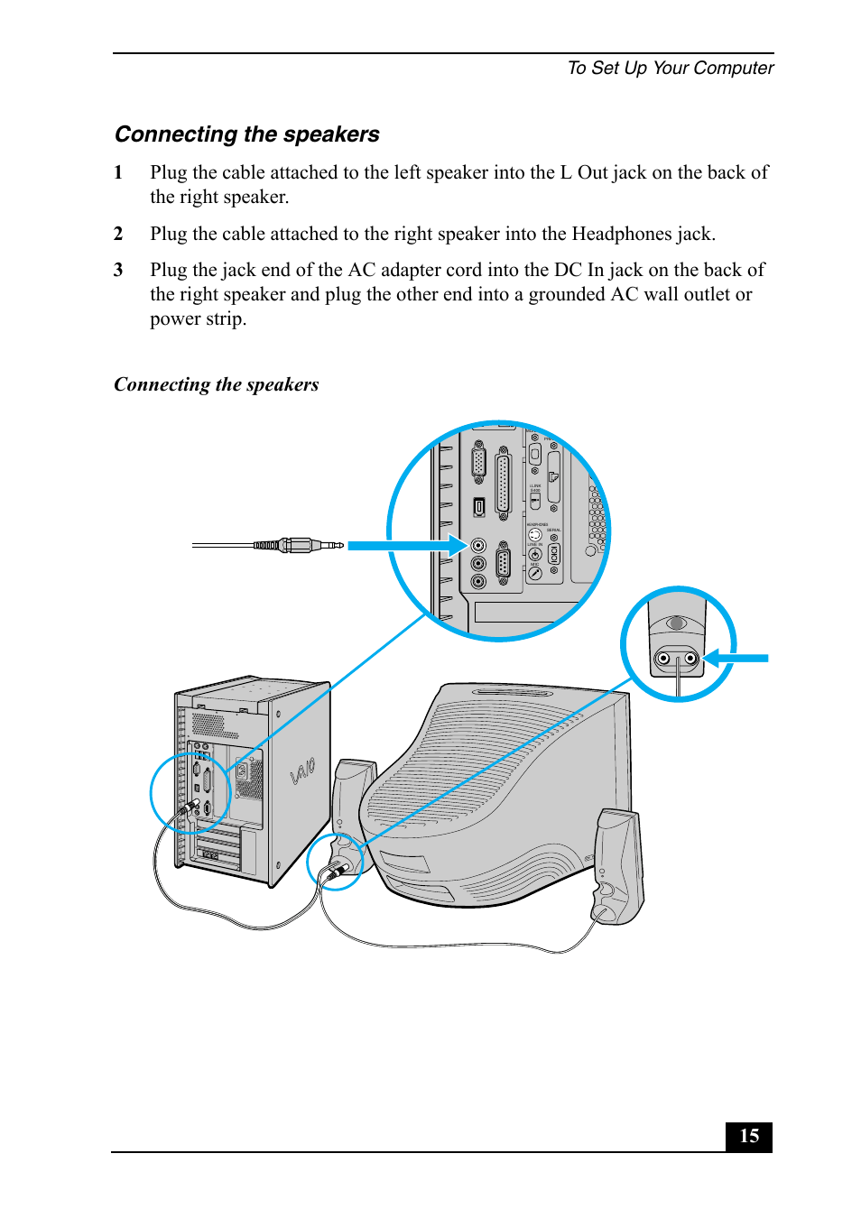 Connecting the speakers | Sony Vaio Series User Manual | Page 15 / 72