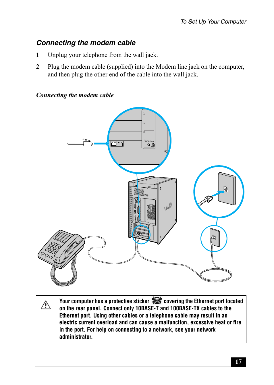 Connecting the modem cable | Sony Vaio Series User Manual | Page 17 / 72