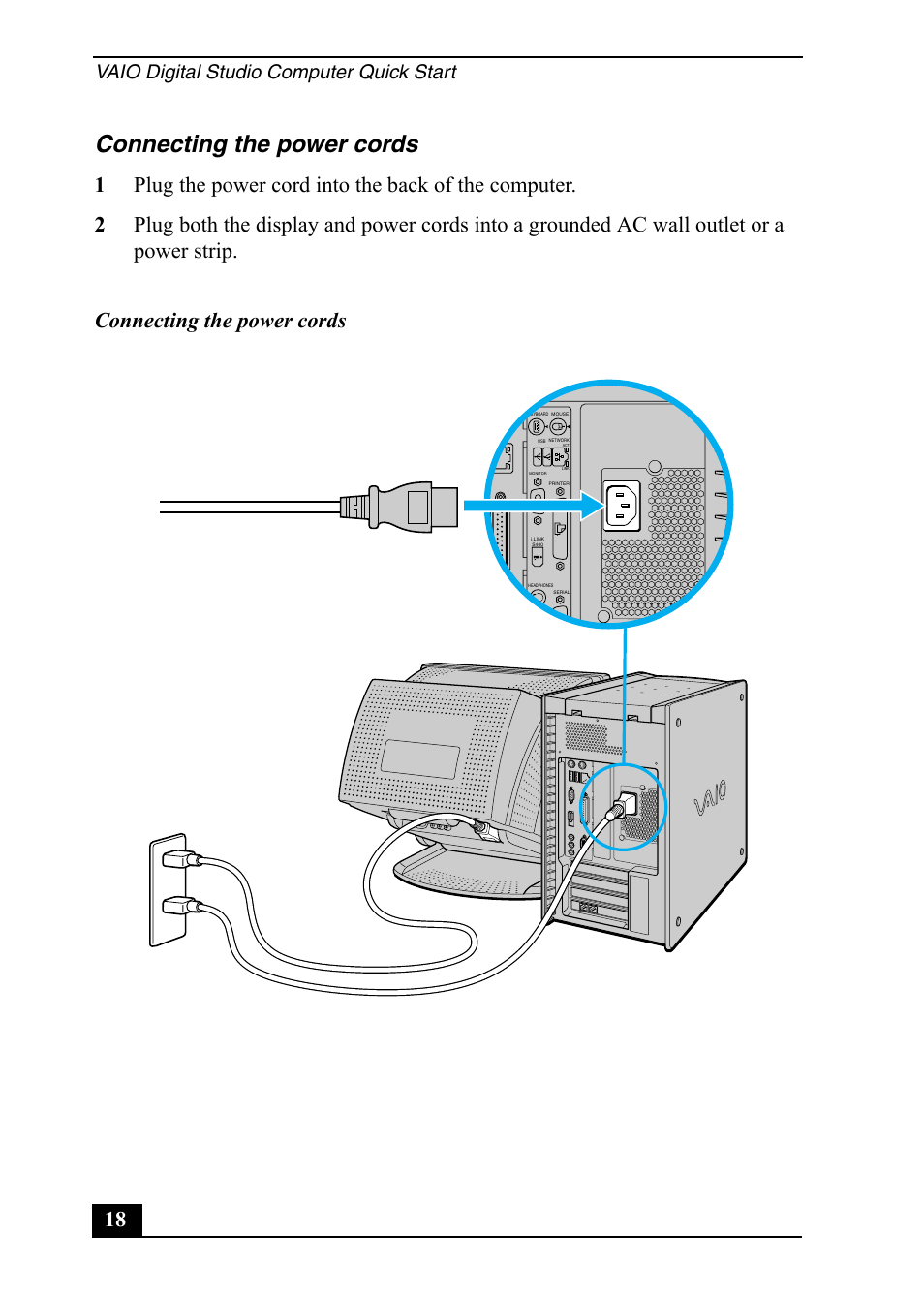 Connecting the power cords, Vaio digital studio computer quick start | Sony Vaio Series User Manual | Page 18 / 72