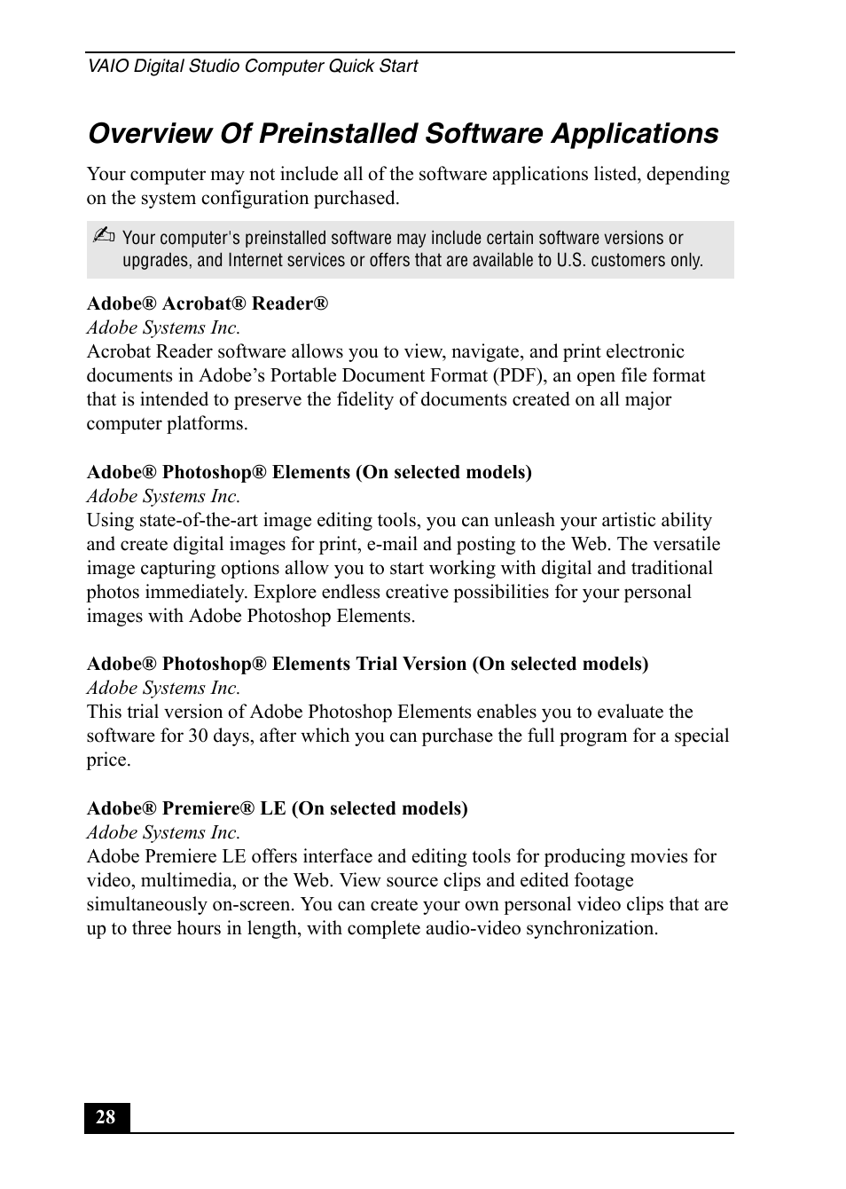 Overview of preinstalled software applications | Sony Vaio Series User Manual | Page 28 / 72