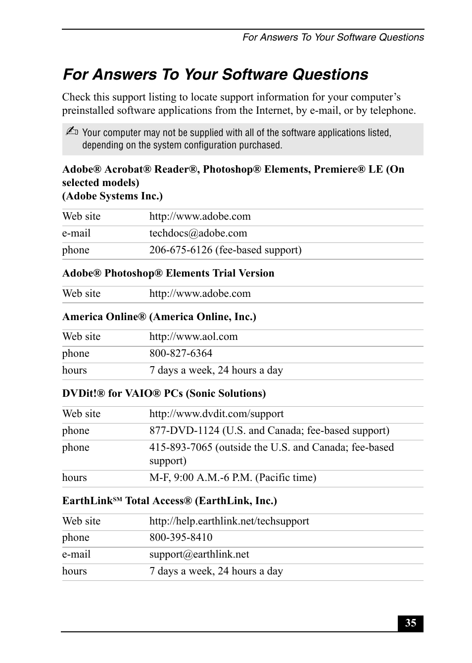 For answers to your software questions | Sony Vaio Series User Manual | Page 35 / 72