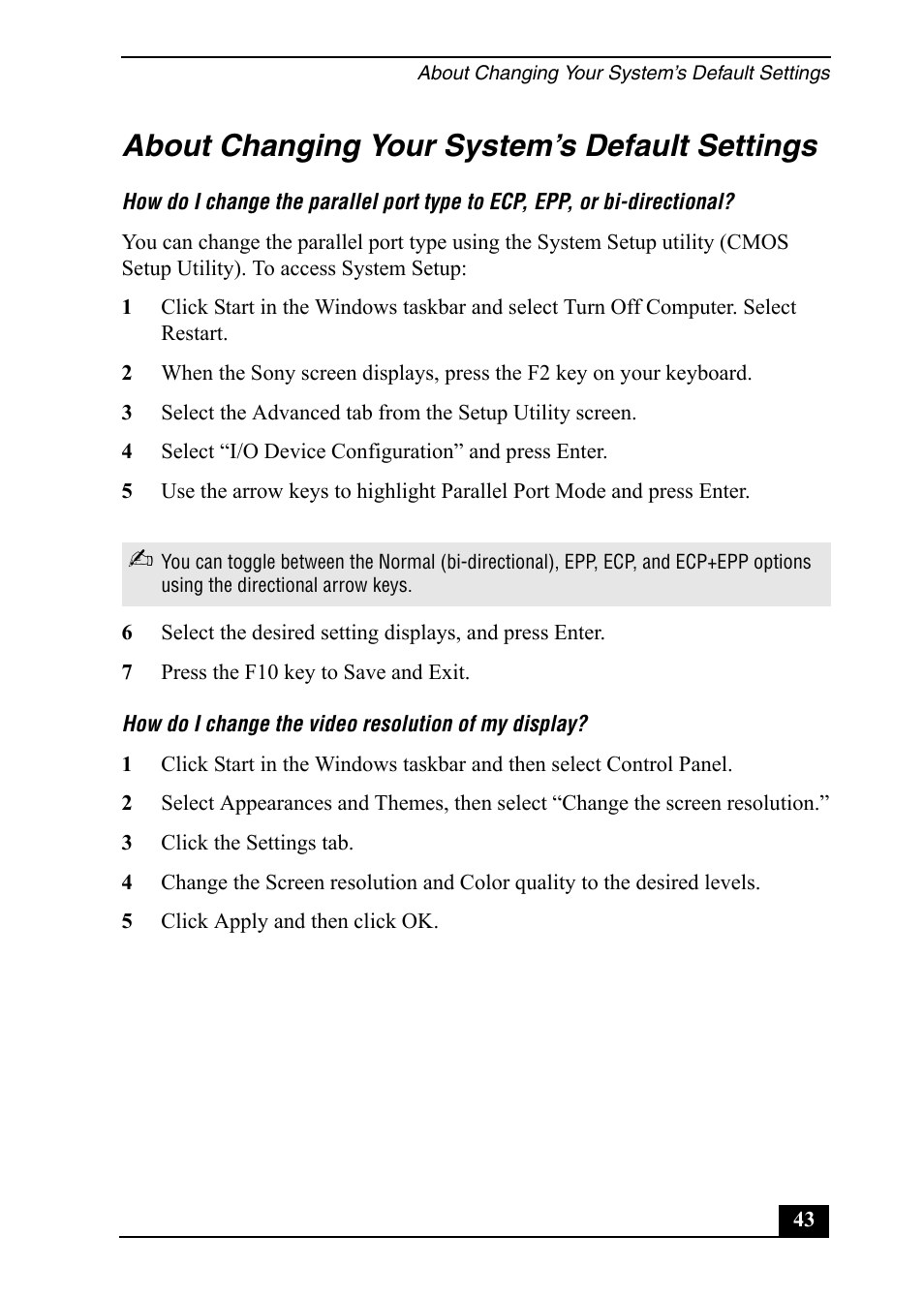 About changing your system’s default settings | Sony Vaio Series User Manual | Page 43 / 72