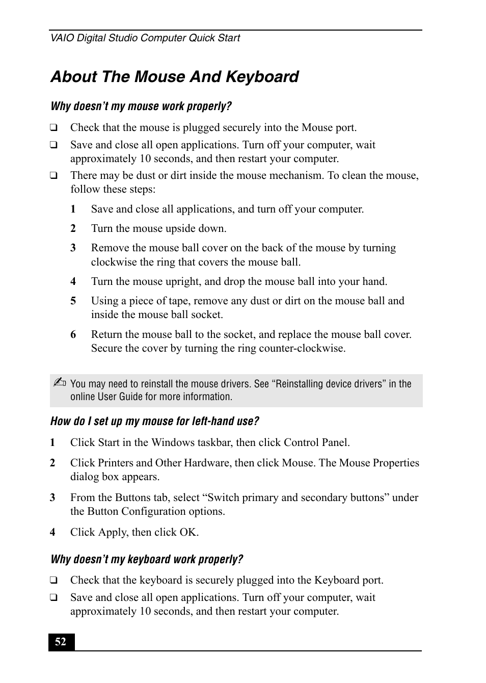 About the mouse and keyboard | Sony Vaio Series User Manual | Page 52 / 72