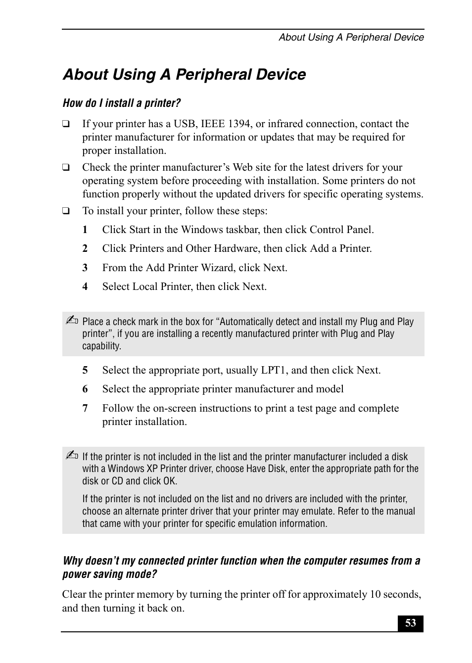 About using a peripheral device | Sony Vaio Series User Manual | Page 53 / 72