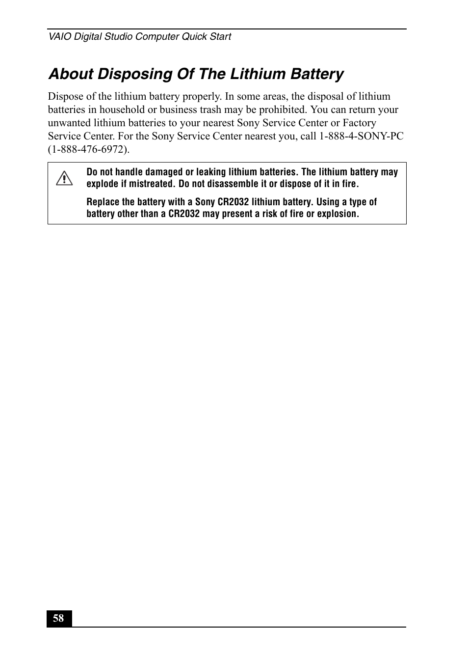 About disposing of the lithium battery | Sony Vaio Series User Manual | Page 58 / 72