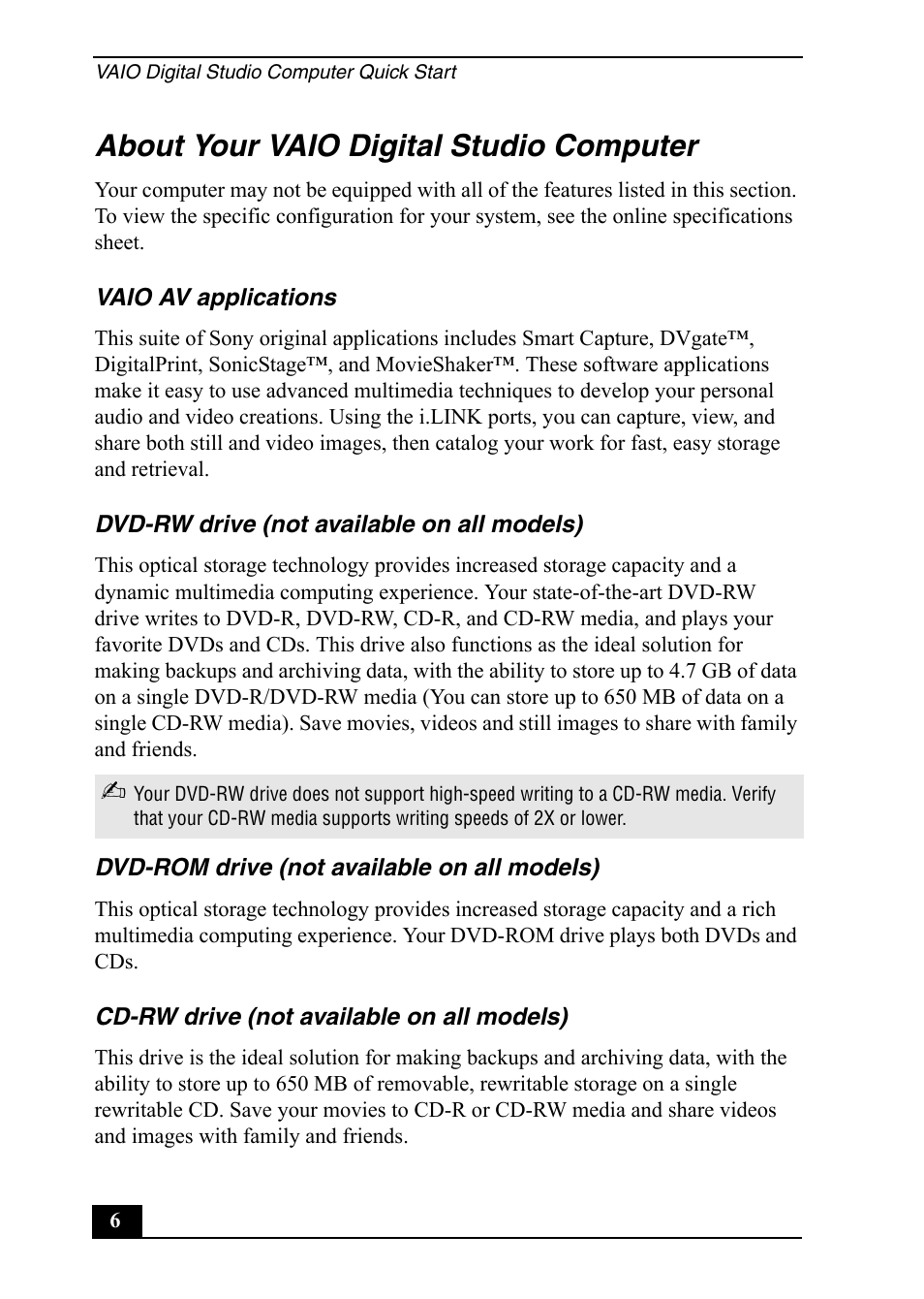 About your vaio digital studio computer | Sony Vaio Series User Manual | Page 6 / 72