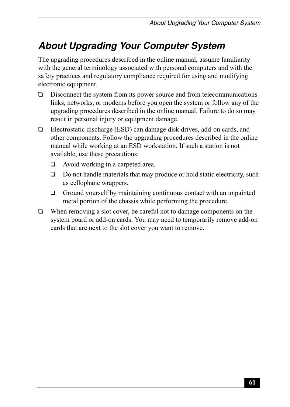 About upgrading your computer system | Sony Vaio Series User Manual | Page 61 / 72