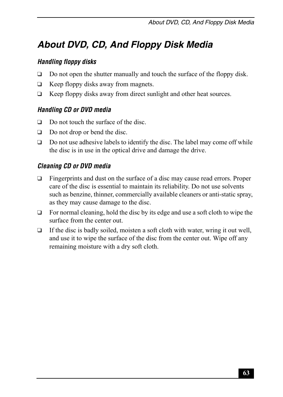 About dvd, cd, and floppy disk media | Sony Vaio Series User Manual | Page 63 / 72