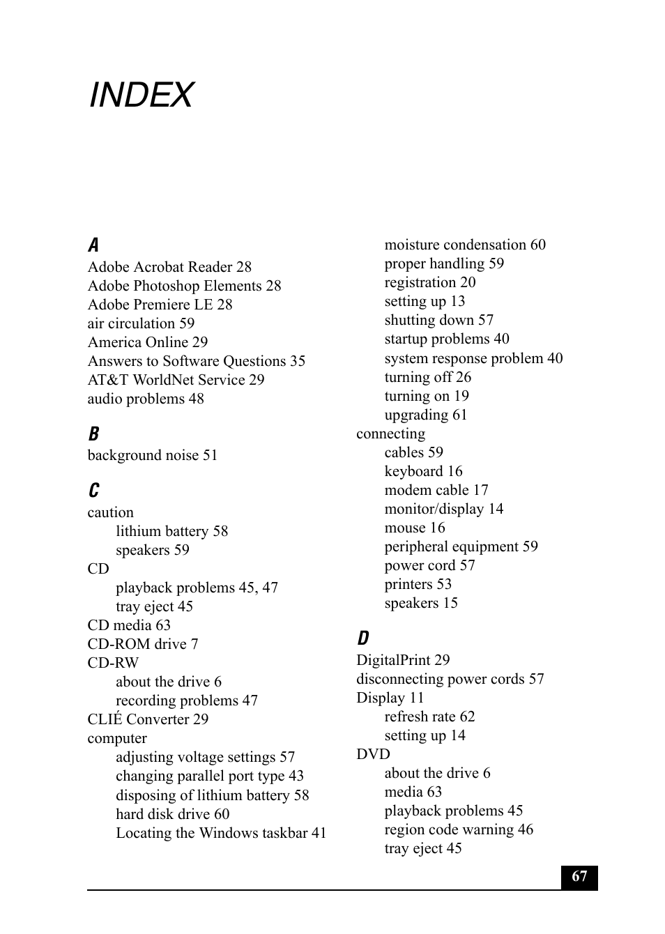 Index | Sony Vaio Series User Manual | Page 67 / 72