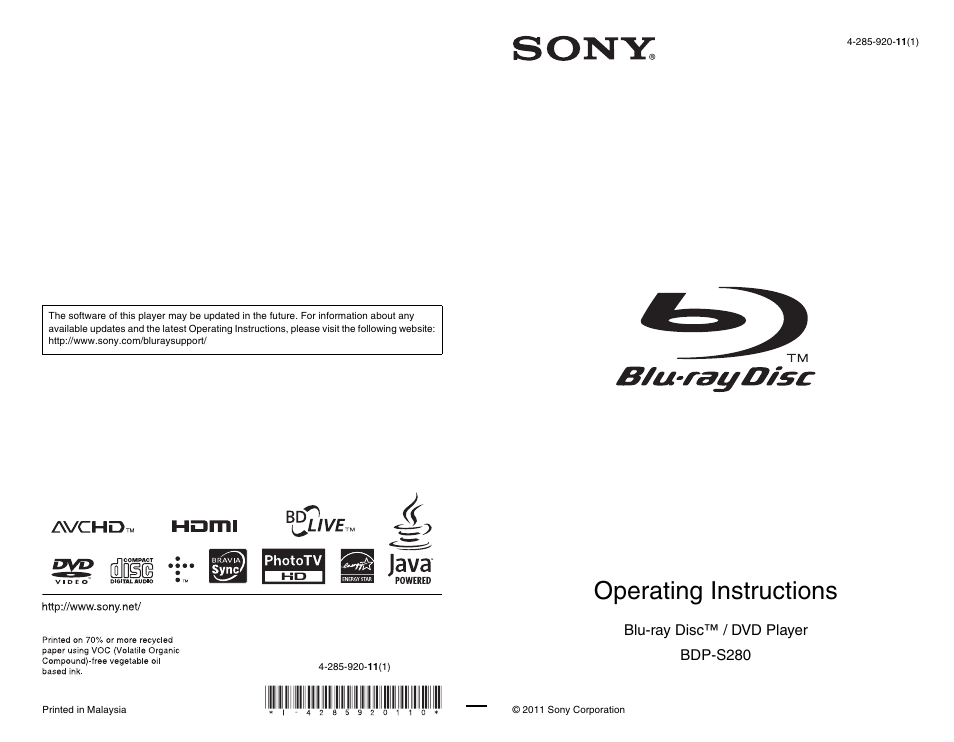 Sony BDP-S280 User Manual | 31 pages