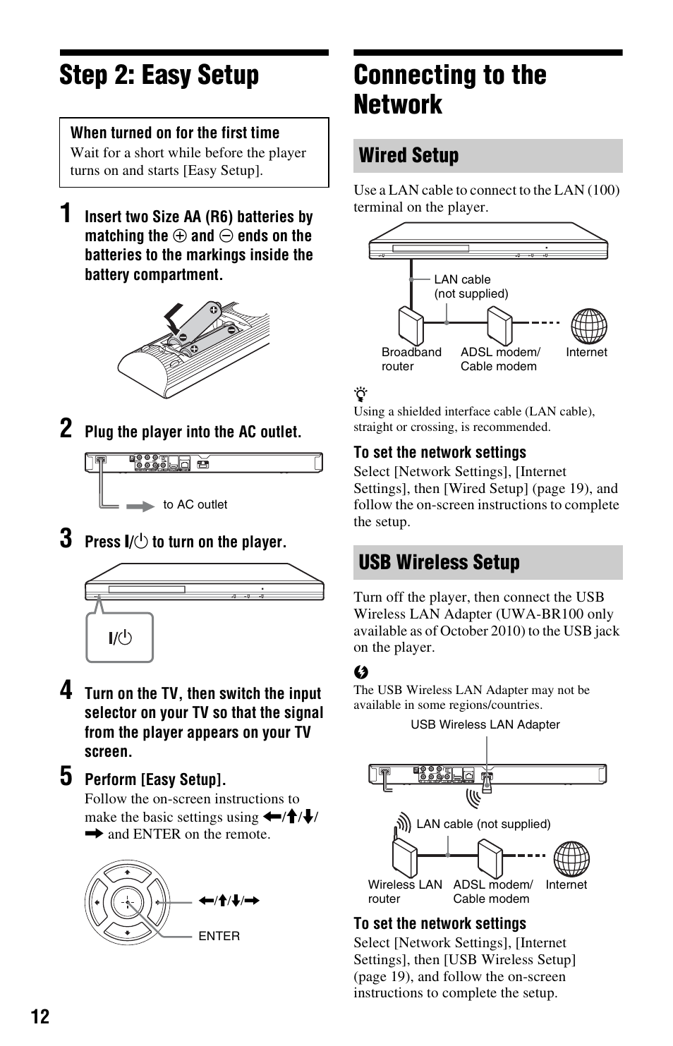 Step 2: easy setup, Connecting to the network, Step 2: easy setup connecting to the network | Step 2: easy setup 1, Wired setup usb wireless setup | Sony BDP-S280 User Manual | Page 12 / 31