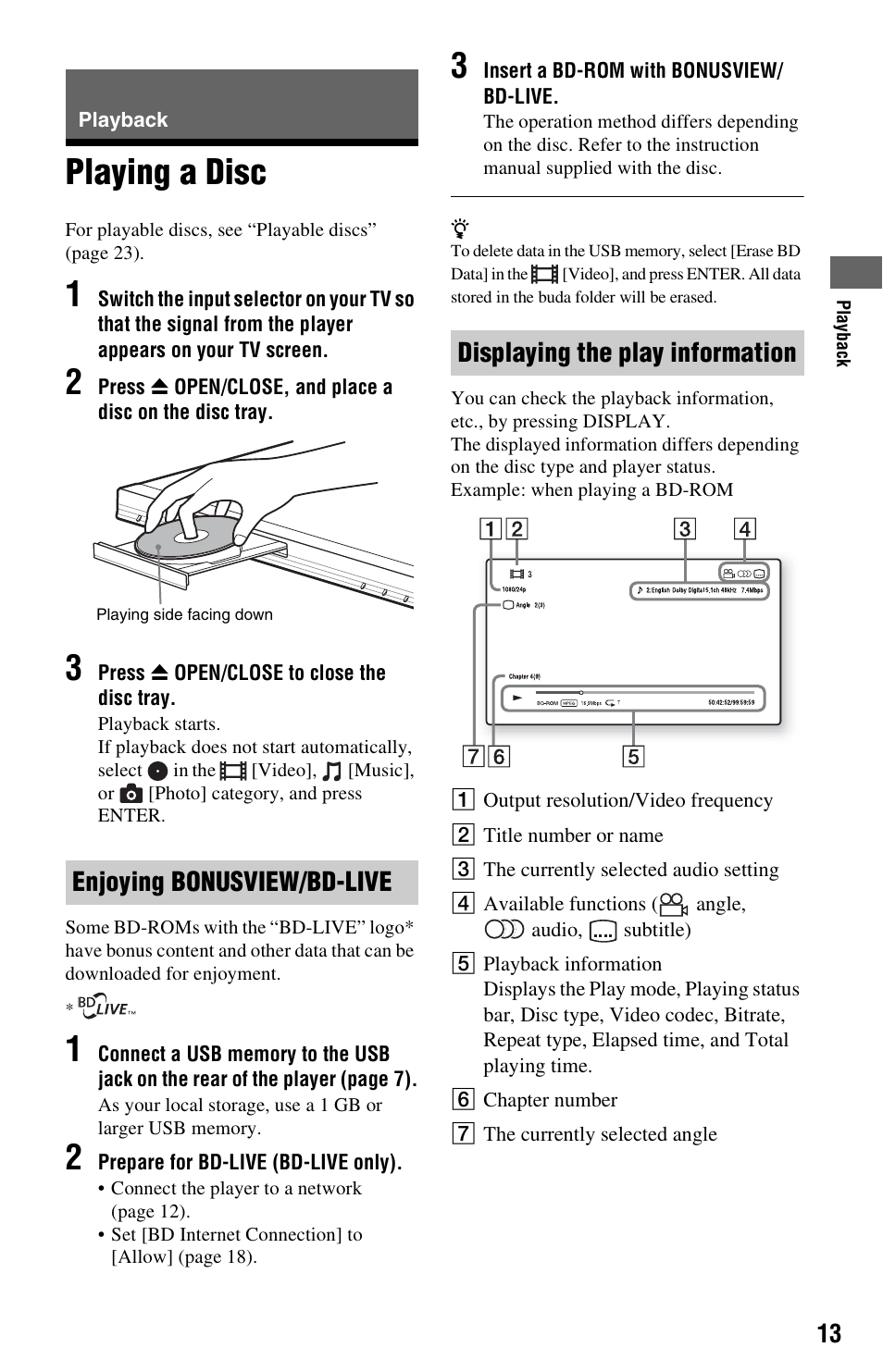 Playback, Playing a disc, Enjoying bonusview/bd-live | Displaying the play information | Sony BDP-S280 User Manual | Page 13 / 31