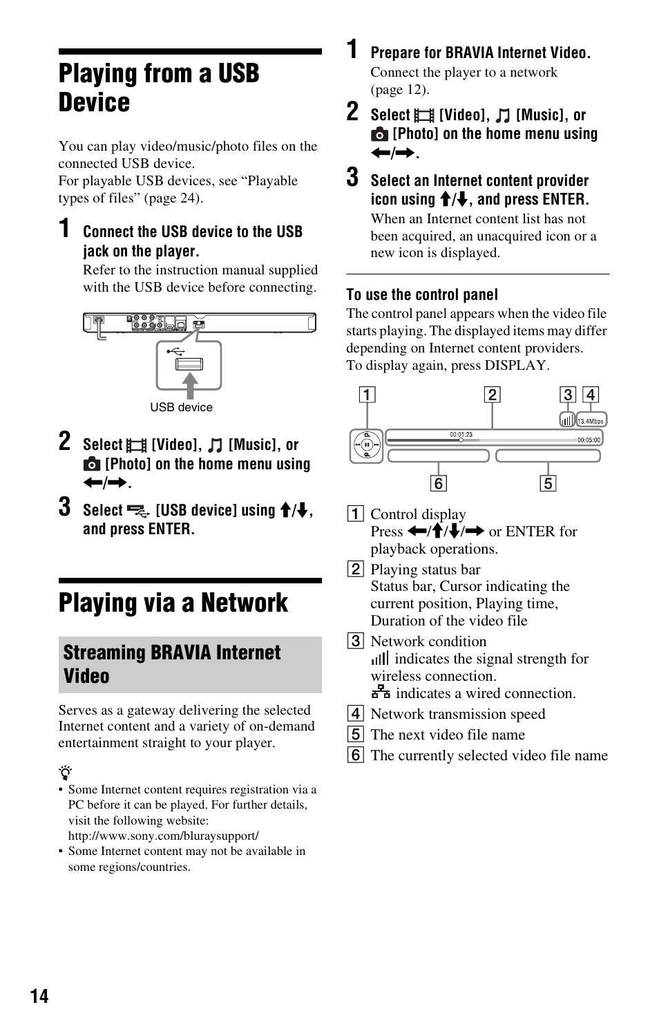 Playing from a usb device, Playing via a network, Playing from a usb device playing via a network | Streaming bravia internet video | Sony BDP-S280 User Manual | Page 14 / 31