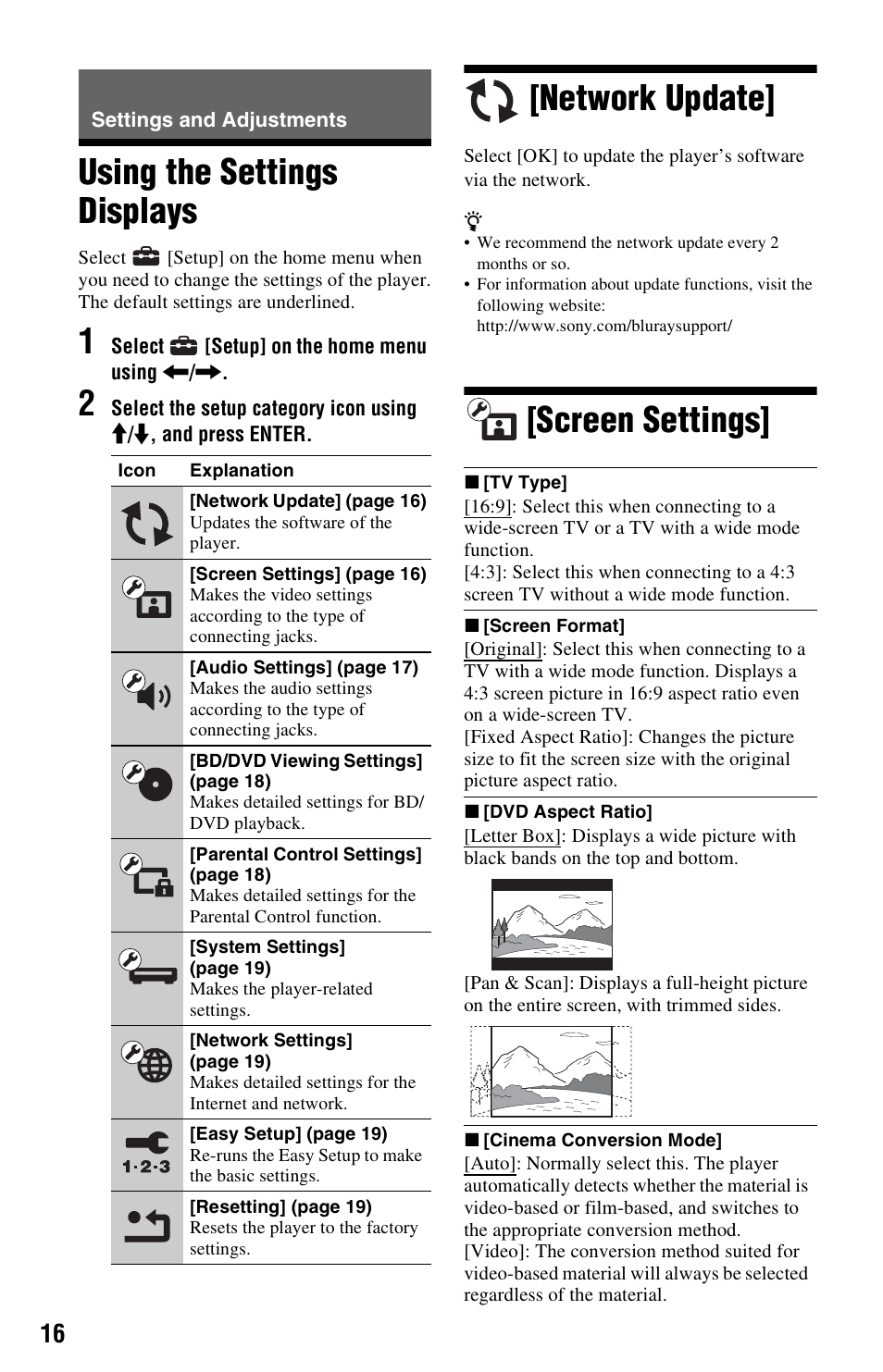 Settings and adjustments, Using the settings displays, Network update | Screen settings | Sony BDP-S280 User Manual | Page 16 / 31