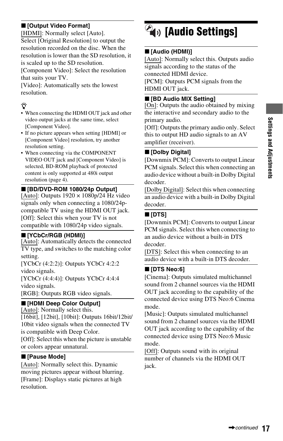 Audio settings | Sony BDP-S280 User Manual | Page 17 / 31