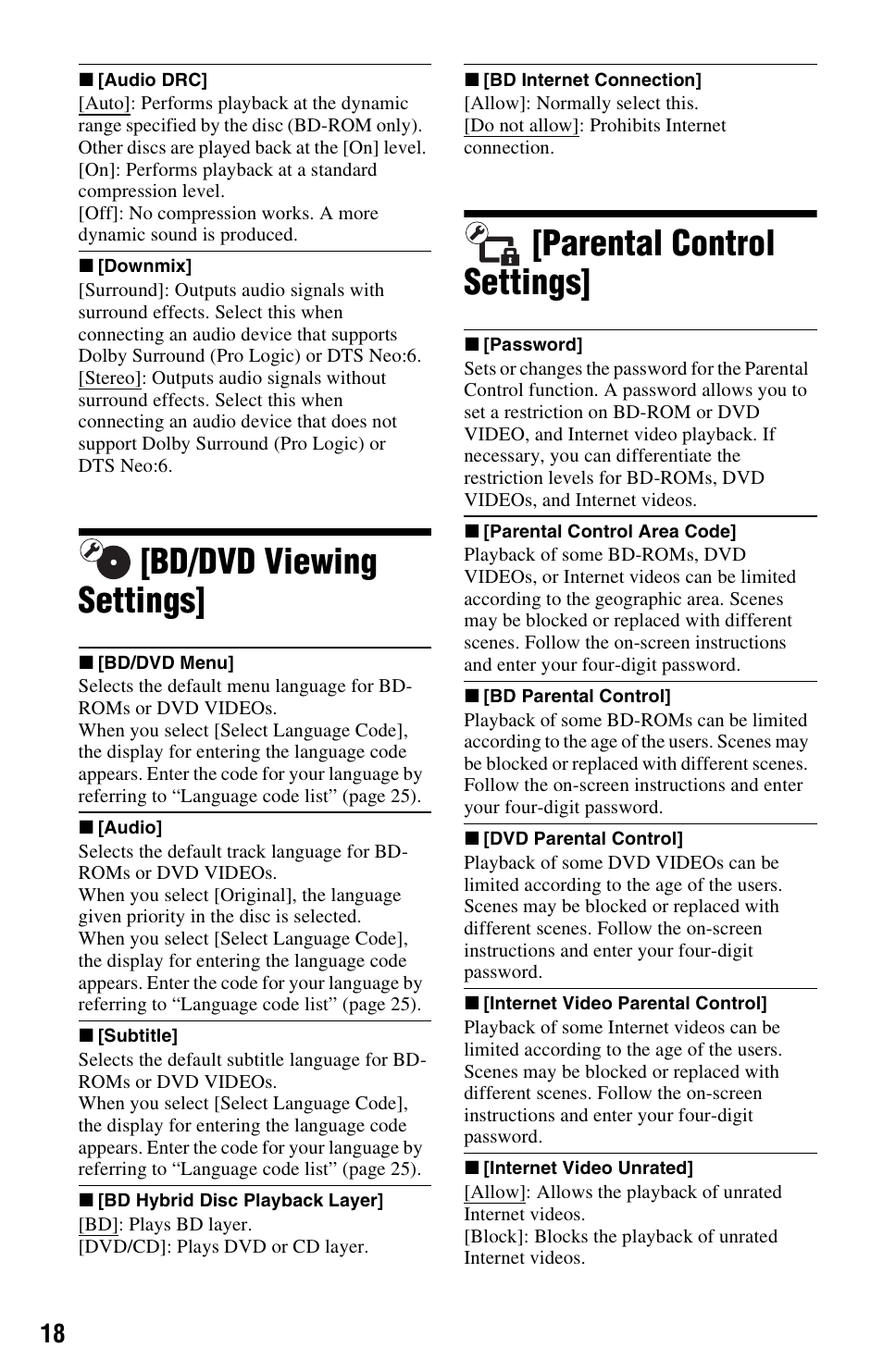 Bd/dvd viewing settings, Parental control settings | Sony BDP-S280 User Manual | Page 18 / 31