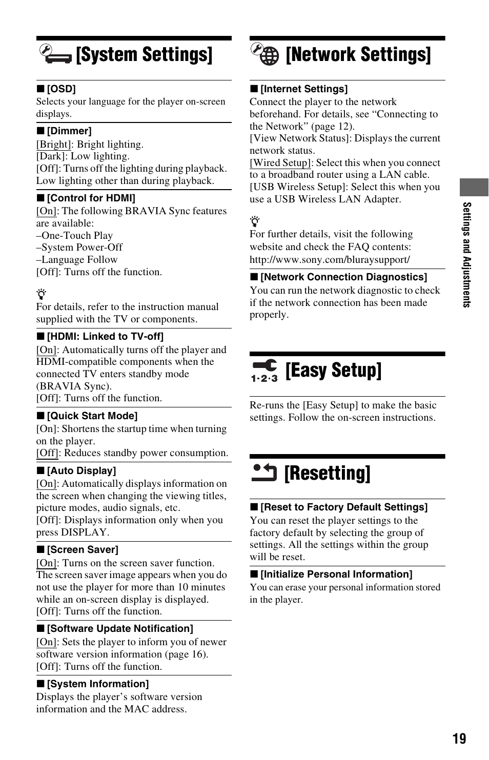 System settings, Network settings, Easy setup | Resetting | Sony BDP-S280 User Manual | Page 19 / 31