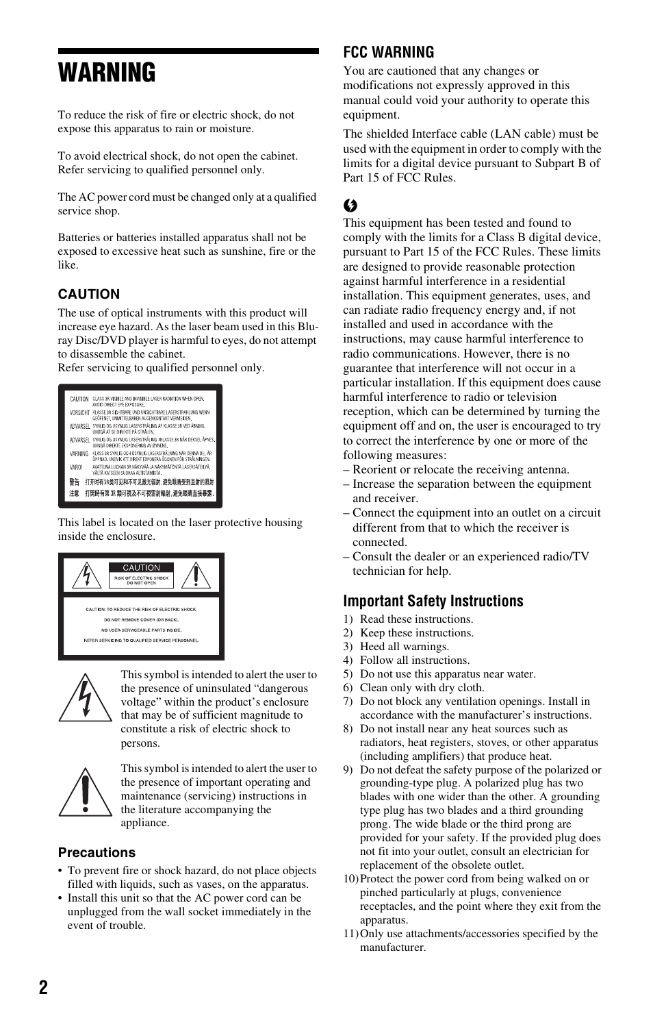 Warning, Fcc warning, Important safety instructions | Sony BDP-S280 User Manual | Page 2 / 31