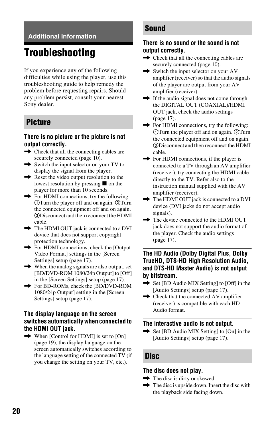 Additional information, Troubleshooting, Picture sound disc | Sony BDP-S280 User Manual | Page 20 / 31